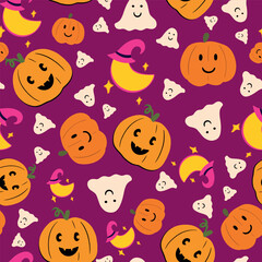 Spooky and cute Halloween repeat vector pattern on a purple background