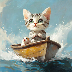 cartoon style light gray and white striped cat with big ears is in a boat with his hamster friend