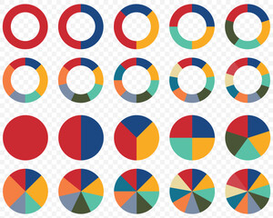 Obraz premium Pie chart color icons. Segment slice sign. Circle section graph. 1,2,3,4,5 segment infographic. Wheel round diagram part symbol. Three phase, six circular cycle. Geometric element. Vector illustration