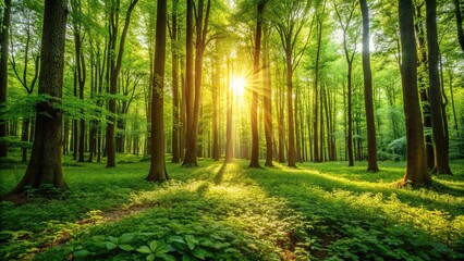 Obraz premium A lush forest floor with green foliage covering the ground and a few towering trees in the background, surrounded by a warm sunlight filtering through the leaves, grassland, tree