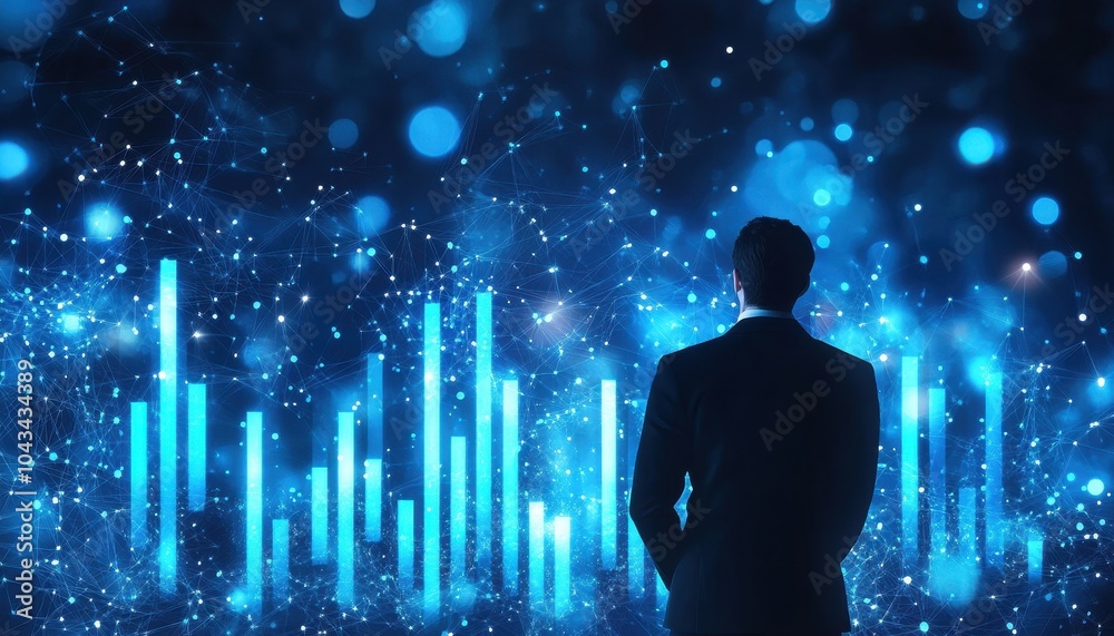 Poster businessman viewing data visualization of blue bar graphs against a networked background