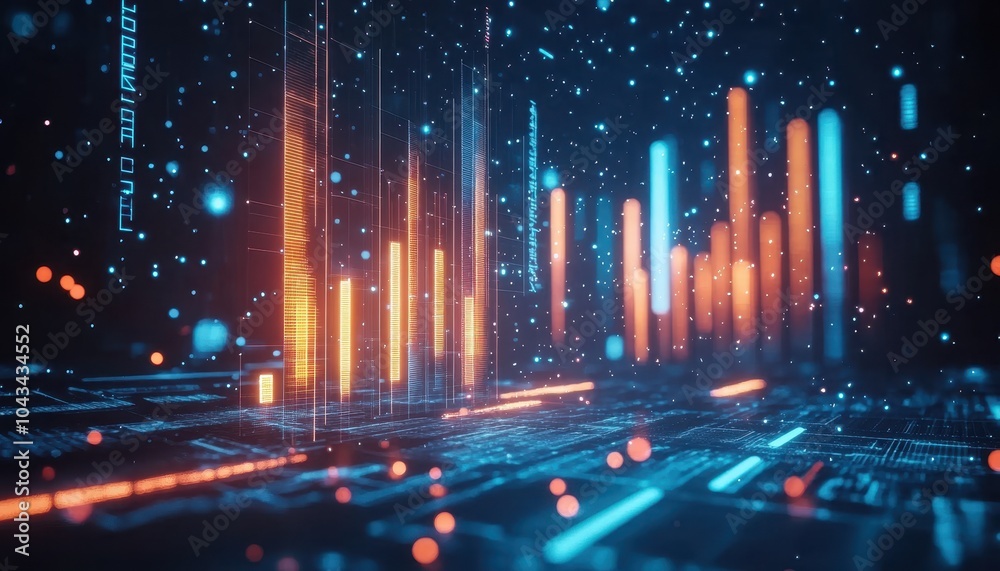 Poster Abstract Digital Data Visualization with Orange and Blue Glowing Lines