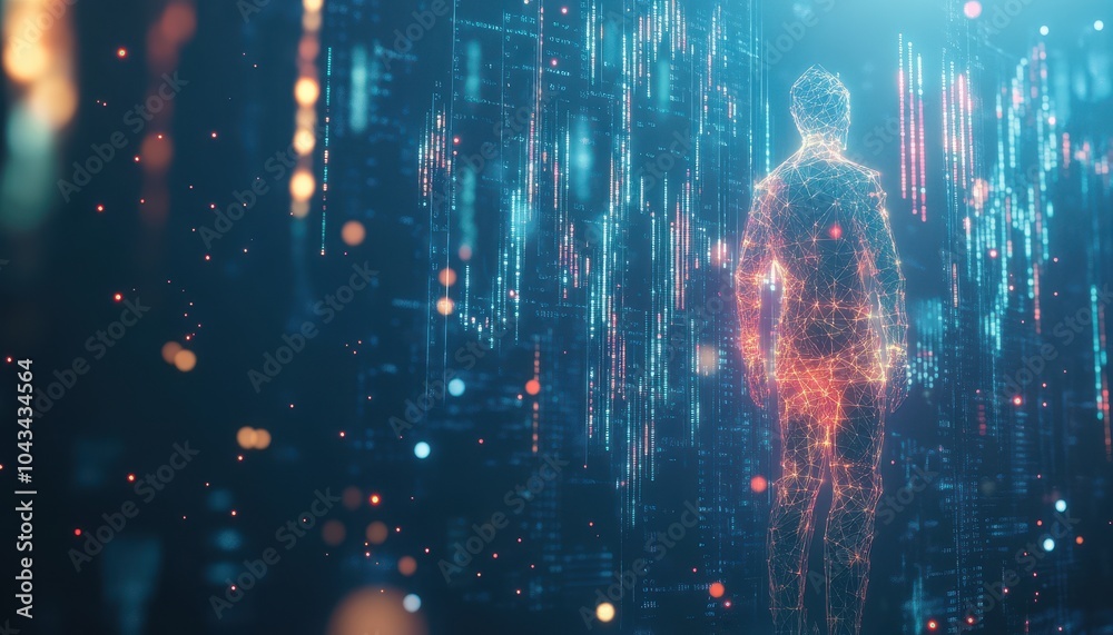 Poster digital human silhouette emerging from a matrix of data
