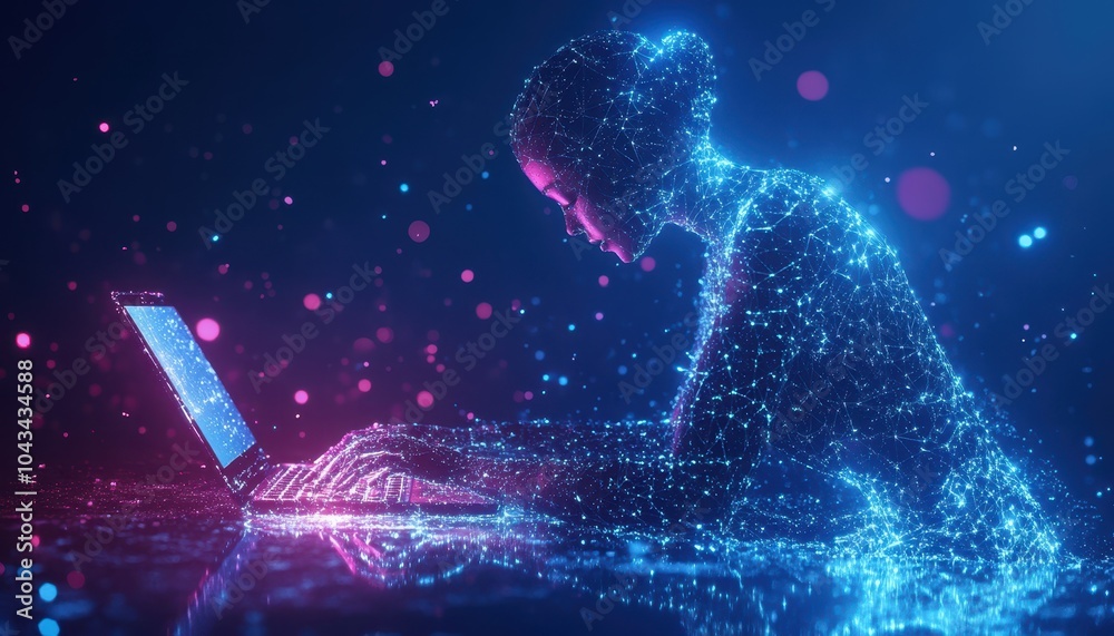 Poster a digital representation of a person using a laptop in a glowing blue and pink setting