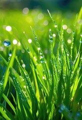 Fototapeta premium vibrant close bright green grass blades illuminated sunlight showcasing texture details, nature, growth, lush, outdoor, leaf, field, plants, meadow, flora
