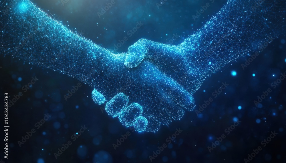 Poster digital handshake, two hands connected through a blue, glowing network