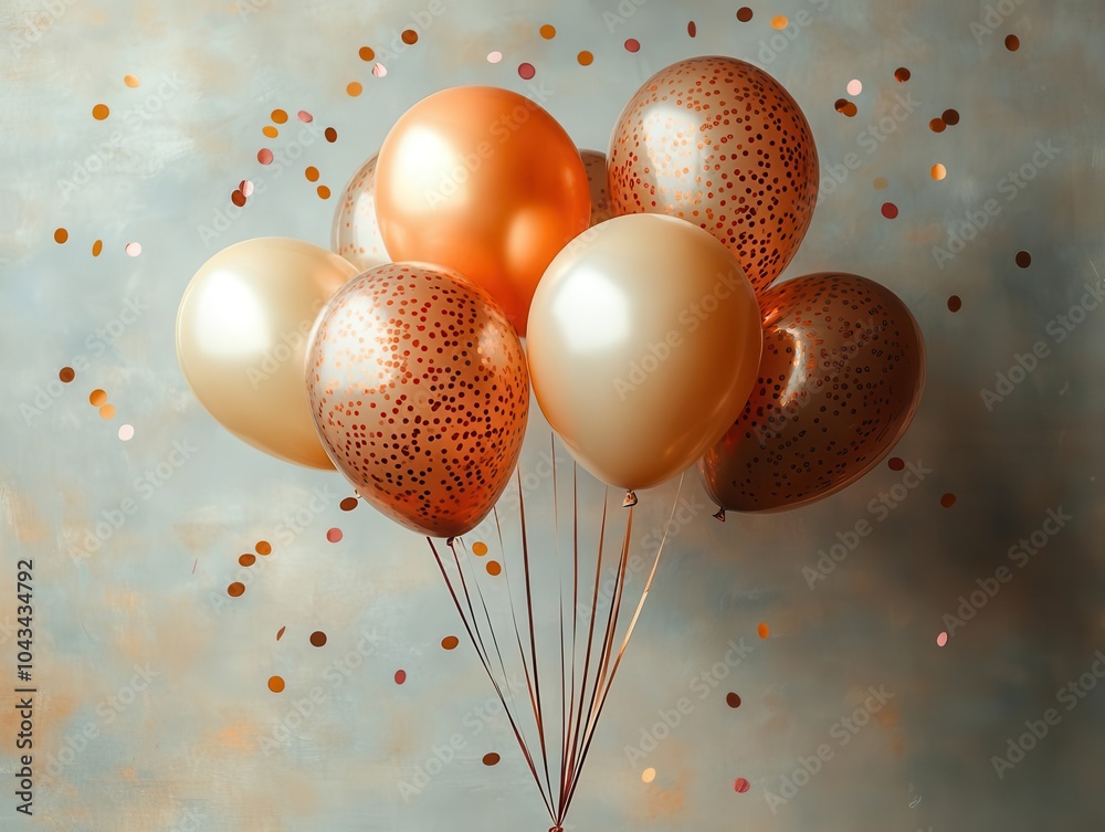 Wall mural vibrant cluster of metallic orange and brown balloons floating gracefully against a backdrop of casc