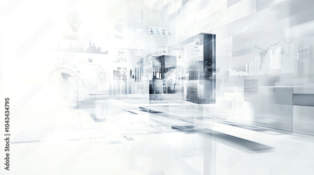 Poster conceptual image depicting a quantum computer with financial symbols such as graphs and currency ico