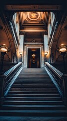 Majestic staircase leading to ornate doorway