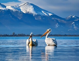 Two bird floating to the blue lake water. Bird fly. Dalmatian pelican, 