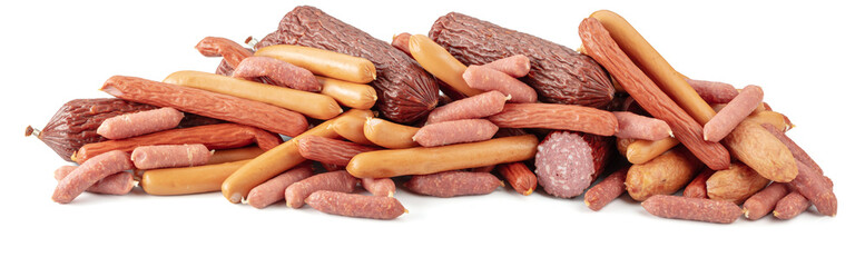 Various dry-cured and smoked sausages isolated on white.