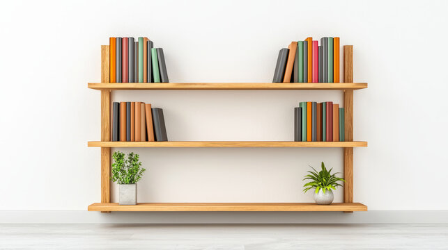 Minimalist home library with wooden shelves displaying colorful books and plants, creating serene and organized atmosphere