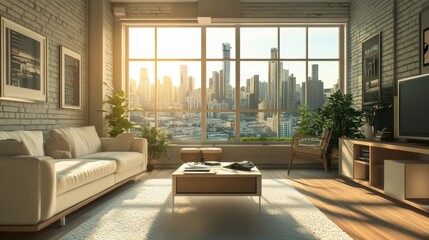 Fototapeta premium A spacious modern loft features large industrial-style windows, minimalist furniture, and plants, offering a bright and open space with a city skyline view. 