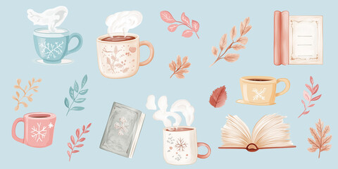 Cozy winter and fall-themed stickers, featuring steaming cups of hot drinks, autumn leaves, and books