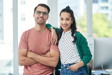 Crossed arms, happy and portrait of business people in office with confidence, company pride and career. Professional, creative startup and man and woman for teamwork, collaboration and partnership