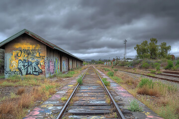 Obraz premium Abandoned Depot with Graffiti Walls under an Overcast Sky 