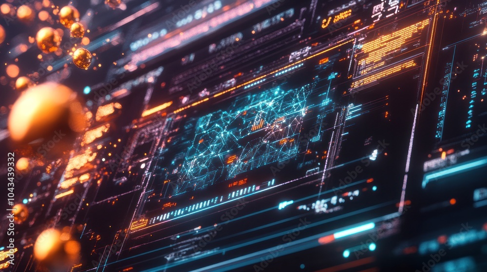 Poster futuristic digital interface displaying intricate quantum algorithms and financial graphs,