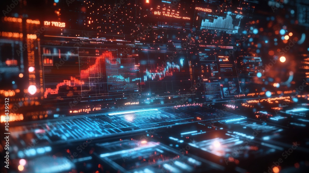 Poster futuristic digital interface displaying intricate quantum algorithms and financial graphs,