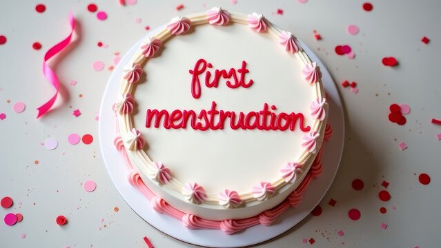 On the table there is a birthday cake, on which it is written "First menstruation"