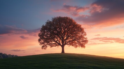 Fototapeta premium Silhouetted Tree on Hilltop at Sunset