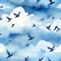 Fototapeta premium Watercolor seamless pattern of sky with flying birds and floating clouds.