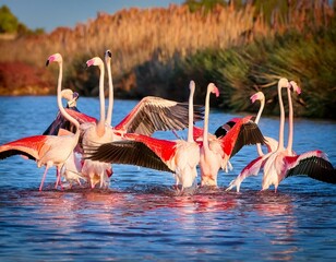 flamboyance flamingos standing in water