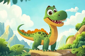 Fototapeta premium Smiling Cartoon Dinosaur with Bright Colors and Exaggerated Features