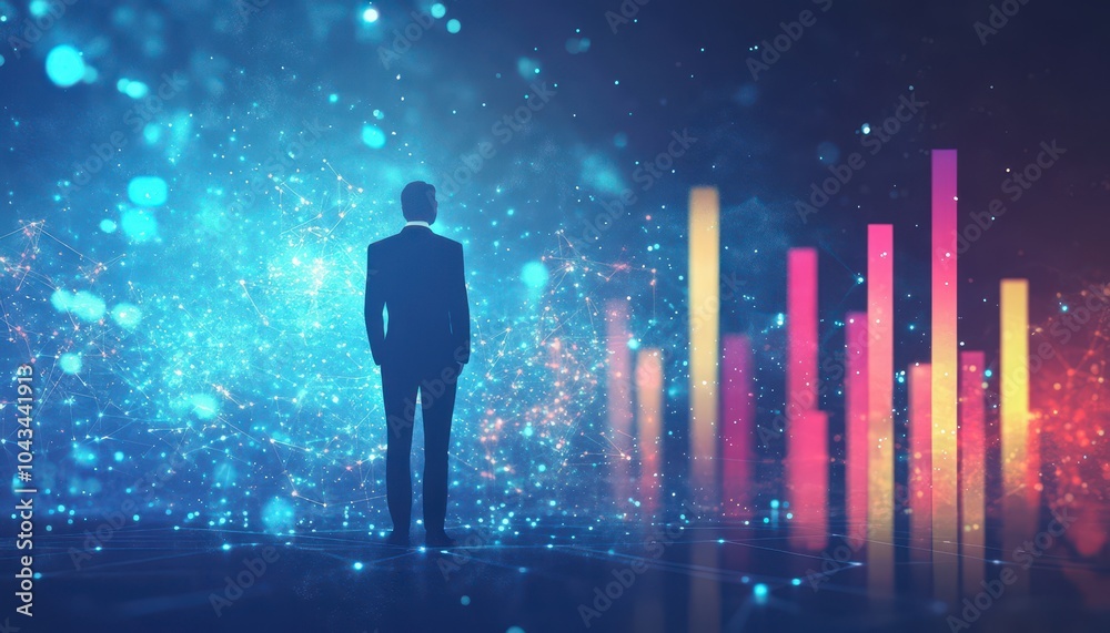 Poster Silhouette of a Man Standing Before a Background of Abstract Data and Bars