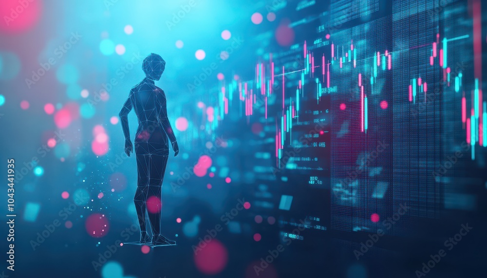 Poster a wireframe figure looking at a data screen with financial charts