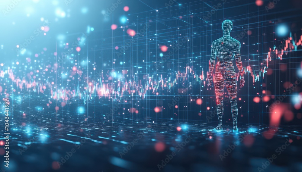Poster Digital Human Figure Standing in a Network of Lines and Data