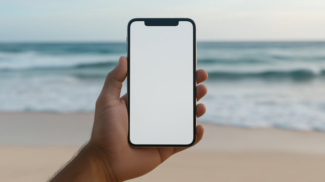 Man hand holding phone mockup with white screen ar sandy beach island blue ocean waves background - Powered by Adobe