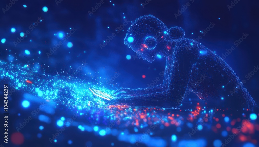 Poster Wireframe Person with Headphones Using a Tablet Computer