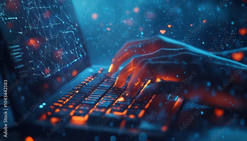 Poster hands typing on a laptop keyboard with glowing lights and heart shapes