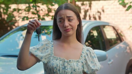 Unsure doubtful Caucasian girl woman female client car buyer showing keys shrugging shoulders making doubt gesture don't know driving automobile rent test drive buy auto transport outside city street