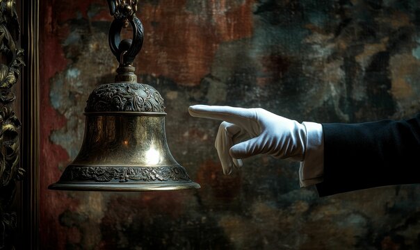 Gloved hand pointing at a hanging ornate bell.