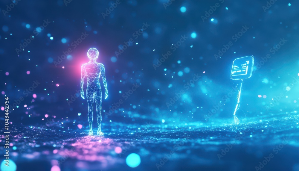 Poster Wireframe Human Figure Walking Towards a Digital Interface in a Glittering Digital World