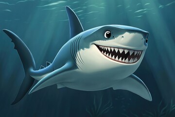 Cartoon White Shark with Friendly Grin - Perfect for Children's Illustrations, Educational Materials, and Fun Designs
