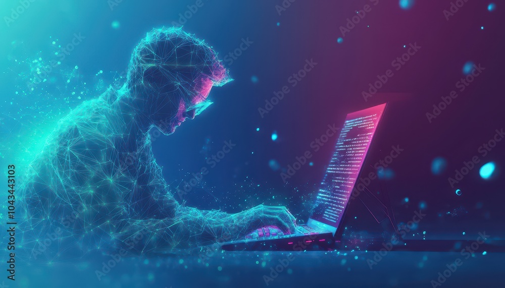 Poster abstract digital representation of a person using a laptop