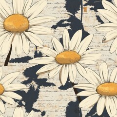 Vintage retro style daisy pattern on vintage page background, seamless repeating pattern, minimal pattern daisies, vintage floral, seamless pattern, retro daisies, stationery, wrapping paper