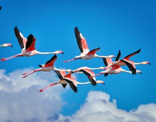 Flock of birds seagulls pelicans and flamingos migrating