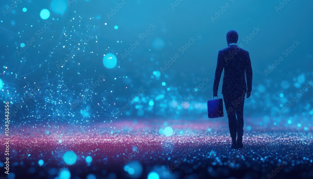 Poster silhouette of a man in a suit walking towards a blue and purple bokeh background