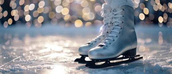 Silver, shimmering figure skates. Fairy Christmas, New year background. Ice skating at the outdoor rink. Winter holidays leisure. Generative ai