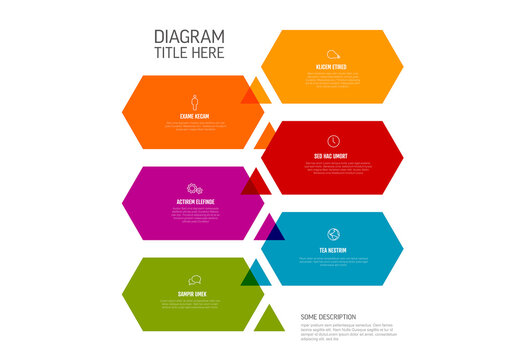 Six steps process with hexagon content rectangles and triangle arrows