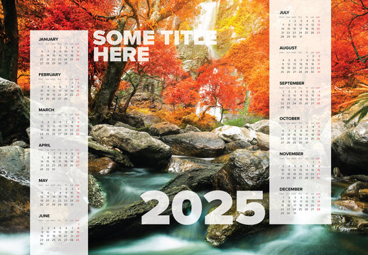 Light horizontal calendar template for the year 2025 with big photo placeholder