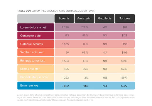 Simple stylized red color data table layout template with blue line