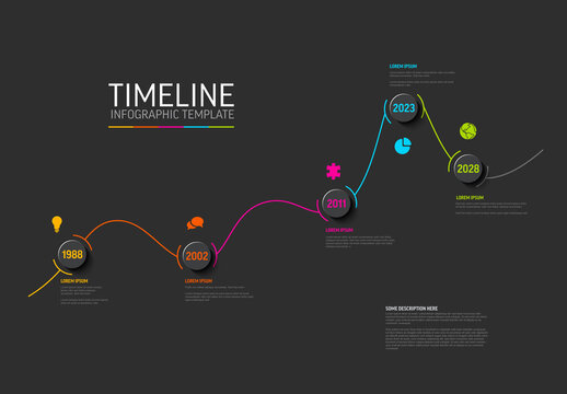 Multipurpose dark timeline infographic template with five milestones on the path graph