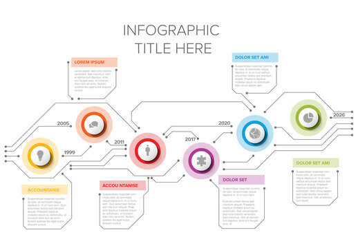Colorful Circular Infographic Design Timeline Template with six elements icons and years