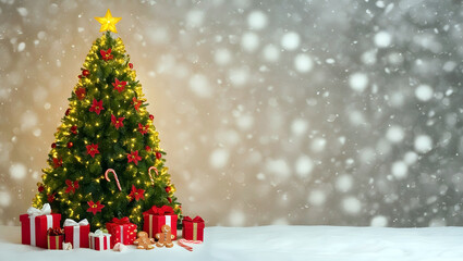 A beautiful Christmas tree with golden lights, decorated with red gift boxes, red holly, candy canes, and gingerbread, snow falling bokeh background