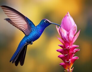 Obraz premium Bummingbird Violet Sabrewing flying next to beautiful red flower with clear green forest nature in 