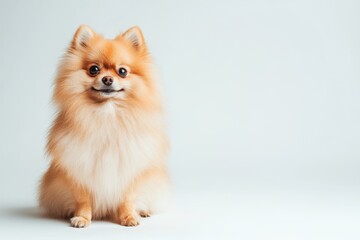 Obraz premium A fluffy Pomeranian dog sitting on a blank white background, with ample space for text or logos. Perfect for pet grooming advertisements, dog fashion branding, or pet care product promotions. 